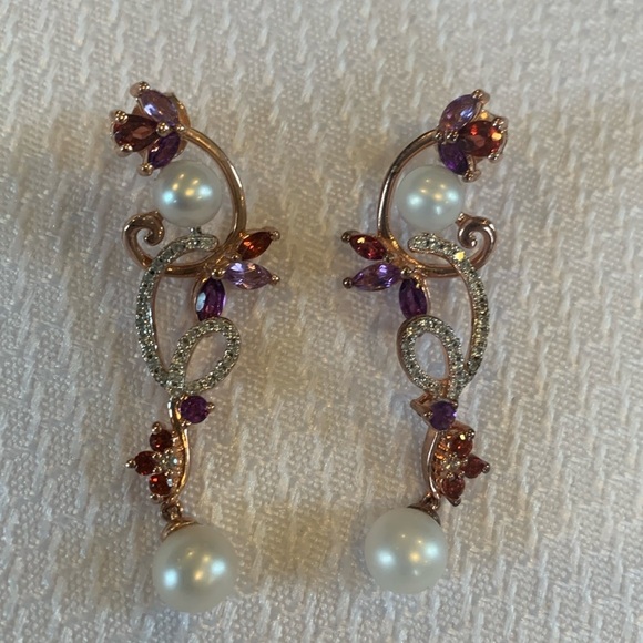 STS Rose Gold Tone 925 Silver Drop Earrings with Pearls, Amethysts, Ruby, and CZ - Picture 1 of 4